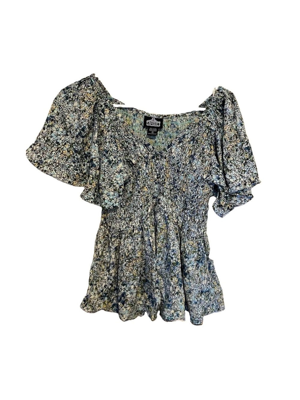Angie Blue Floral Smocked Peplum Top Large Peasant Boho NWT